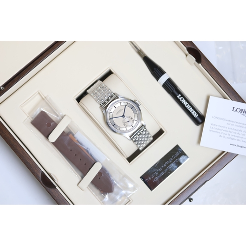 179 - LONGINES HERITAGE CLASSIC HODINKEE LIMITED EDITION UNWORN FULL SET, circular silver dial with baton ... 