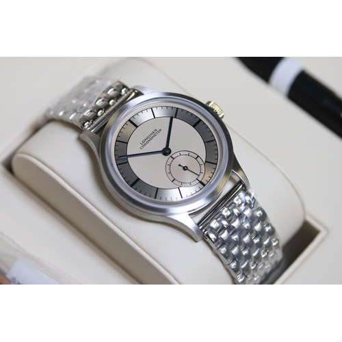 179 - LONGINES HERITAGE CLASSIC HODINKEE LIMITED EDITION UNWORN FULL SET, circular silver dial with baton ... 