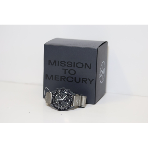 21 - OMEGA X SWATCH MOONSWATCH SPEEDMASTER MISSION TO MERURY WITH BOX AND PAPERS, dark grey bioceramic ca... 