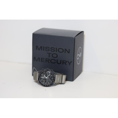 21 - OMEGA X SWATCH MOONSWATCH SPEEDMASTER MISSION TO MERURY WITH BOX AND PAPERS, dark grey bioceramic ca... 