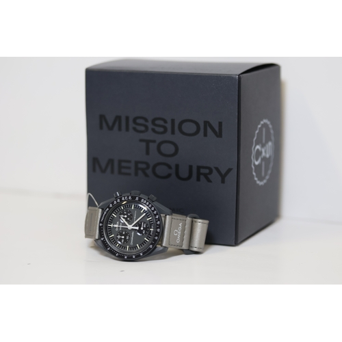 21 - OMEGA X SWATCH MOONSWATCH SPEEDMASTER MISSION TO MERURY WITH BOX AND PAPERS, dark grey bioceramic ca... 