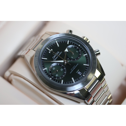 36 - OMEGA SPEEDMASTER '57 GREEN WITH BOX AND PAPERS 2022, circular sunburst green dial with applied hour... 