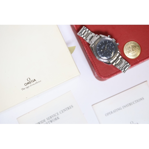 37 - OMEGA SPEEDMASTER '57 REFERENCE 3594.50.00 WITH BOX CIRCA 1998, circular black dial with baton hour ... 