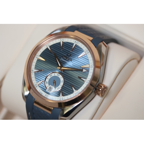 41 - OMEGA AQUA TERRA 150M STEEL AND SEDNA GOLD BOX AND PAPERS 2021, circular light sunburst blue dial wi... 