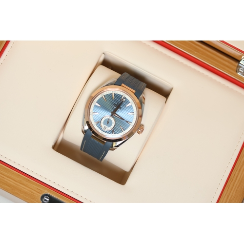 41 - OMEGA AQUA TERRA 150M STEEL AND SEDNA GOLD BOX AND PAPERS 2021, circular light sunburst blue dial wi... 