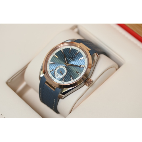 41 - OMEGA AQUA TERRA 150M STEEL AND SEDNA GOLD BOX AND PAPERS 2021, circular light sunburst blue dial wi... 