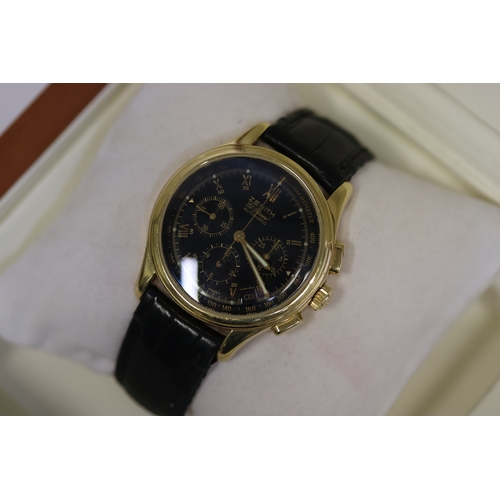 7 - 18CT ZENITH EL PRIMERO REFERENCE 30.0500.400 WITH BOX AND PAPERS 2003, circular black dial with roma... 