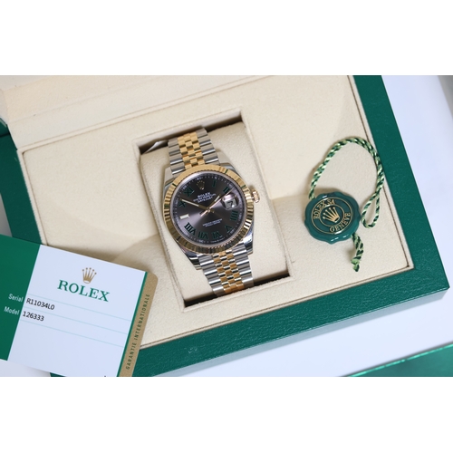 8 - ROLEX DATEJUST 41 WIMBELDON REFERENCE 126333 BOX AND PAPERS 2019, circular grey sunburst dial with '... 