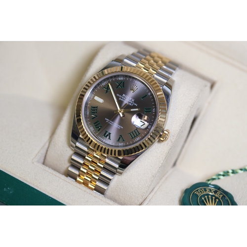 8 - ROLEX DATEJUST 41 WIMBELDON REFERENCE 126333 BOX AND PAPERS 2019, circular grey sunburst dial with '... 