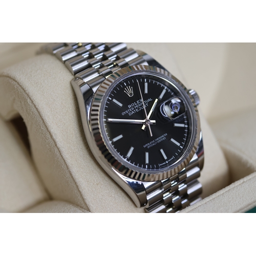 211 - ROLEX DATEJUST 36 BLACK REFERENCE 12634 BOX AND PAPERS 2019, circular sunburst black dial with gold ... 