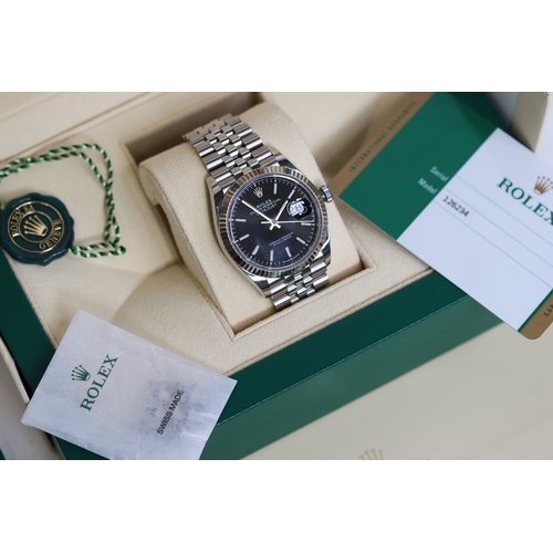 211 - ROLEX DATEJUST 36 BLACK REFERENCE 12634 BOX AND PAPERS 2019, circular sunburst black dial with gold ... 