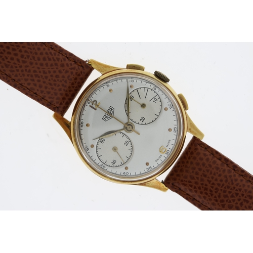 208 - 18CT HEUER CHRONOGRAPH CIRCA 1950's, circular silver dial with dot hour markers, chronograph functio... 