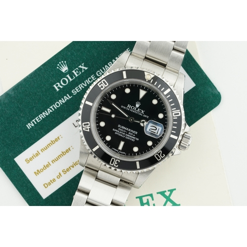 28 - ROLEX OYSTER PERPETUAL DATE SUBMARINER W/ GUARANTEE PAPERS REF. 16610 CIRCA 1989, circular black dia... 