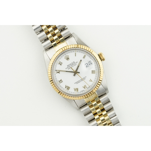 33 - ROLEX OYSTER PERPETUAL DATEJUST STEEL & GOLD W/ GUARANTEE PAPERS REF. 16013 CIRCA 1986, cirular whit... 