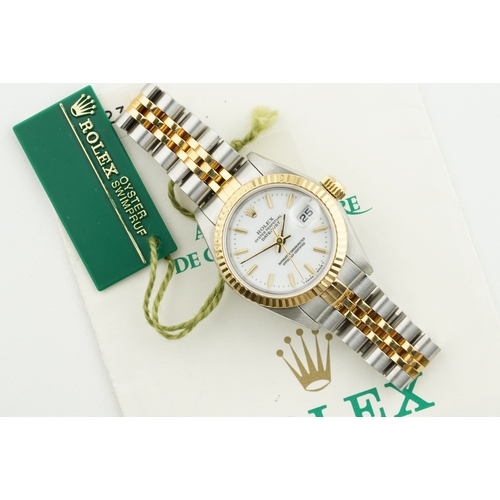 56 - ROLEX OYSTER PERPETUAL DATEJUST STEEL & GOLD WHITE DIAL W/ GUARANTEE PAPERS & SWING TAG REF. 69173 C... 