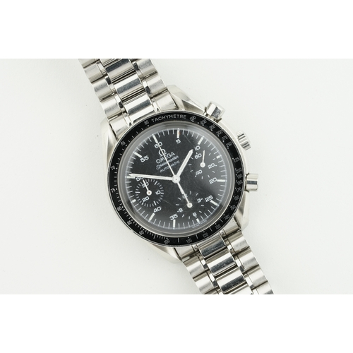 61 - OMEGA SPEEDMASTER AUTOMATIC CHRONOGRAPH W/ GUARANTEE CARD REF. 35105000, cirular black dial with hou... 