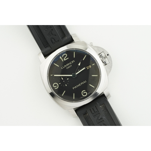 78 - PANERAI LUMINOR GMT W/ BOX & PAPERS REF. PAM00329, cirular black dial with hour markers and hands, 4... 