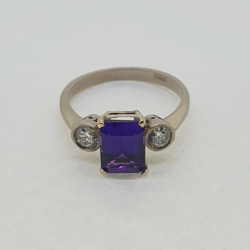 1019 - White gold amethyst and diamond 3 stone ring.
18ct