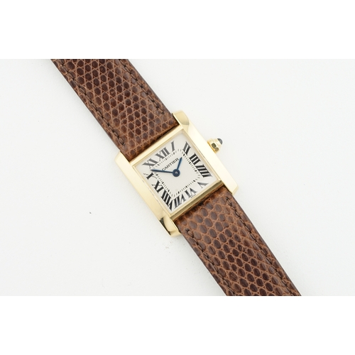 65 - CARTIER TANK FRANCAISE 18CT GOLD W/ CARTIER TRAVEL POUCH REF. 1820, square off white dial with roman... 