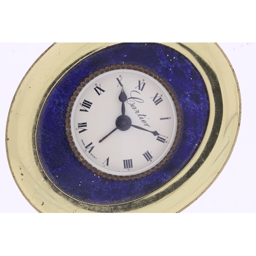 101 - Cartier mechanical desk clock with a Lapis front. Approx 69x80mm. Currently running.