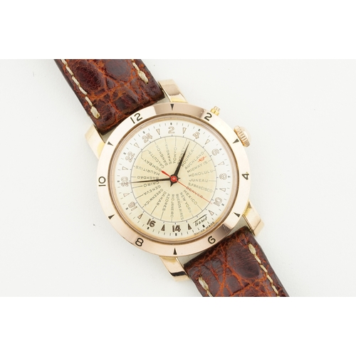 114 - RARE TISSOT WORLDTIMER 24HR ROSE GOLD PLATED WRISTWATCH REF. 4002-1 CIRCA 1950S, cirular patina dial... 