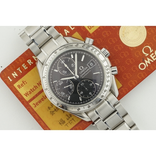 122 - OMEGA SPEEDMASTER DATE AUTOMATIC CHRONOGRAPH W/ GUARANTEE CARD,circular black dial with stick hour m... 