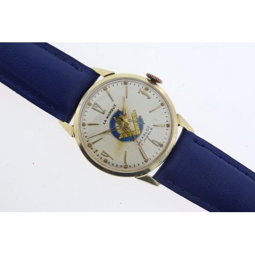 141 - 14ct La Marque Incabloc Manual Wind watch w/pin, Approx 29mm 14ct gold case. Circular cream dial wit... 