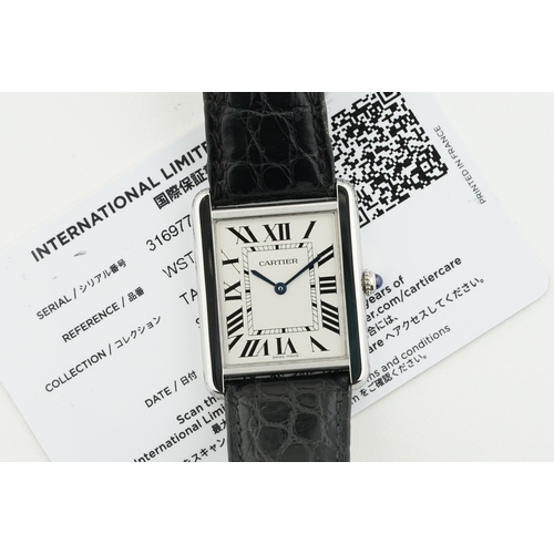 197 - CARTIER TANK SOLO REF. 3169 W/ GUARANTEE CARD REF. 3169 WSTA0028, rectangular silver/white dial with... 