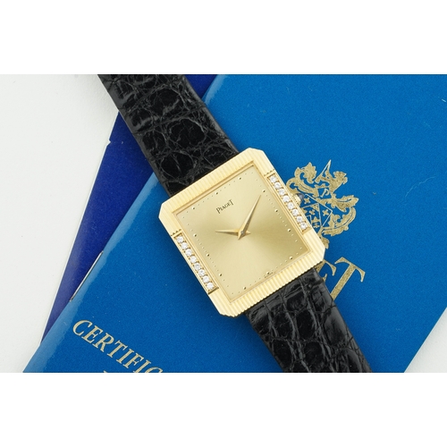 141 - PIAGET PROTOCOLE 18CT GOLD DIAMOND SET W/ GUARANTEE PAPERS REF. 91530, square champagne dial with ho... 