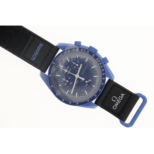 73 - Brand: Omega
 Model Name: MoonSwatch 'Mission to Neptune'
 Complication: Chronograph
 Movement: Quar... 