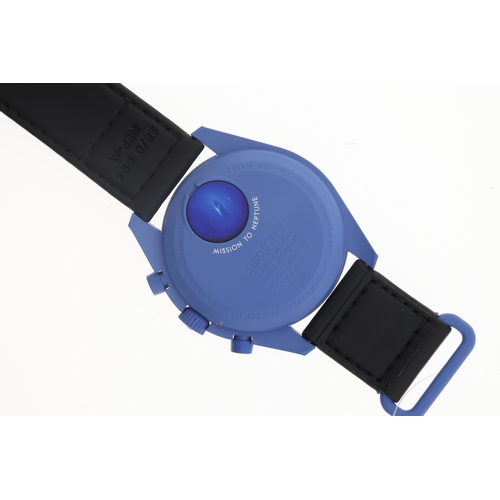 73 - Brand: Omega
 Model Name: MoonSwatch 'Mission to Neptune'
 Complication: Chronograph
 Movement: Quar... 