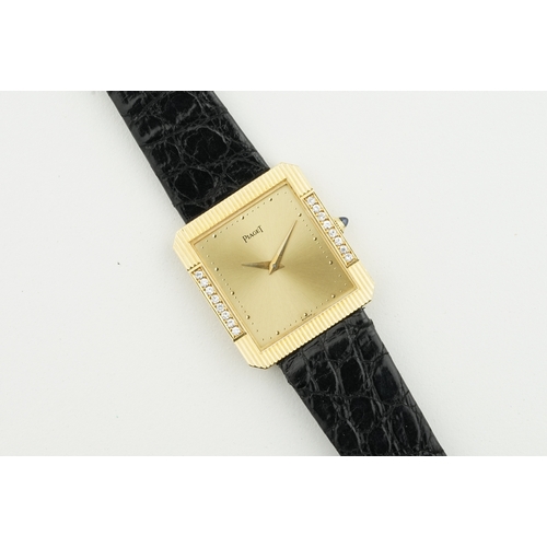 131 - PIAGET PROTOCOLE 18CT GOLD DIAMOND SET W/ GUARANTEE PAPERS REF. 91530, square champagne dial with ho... 
