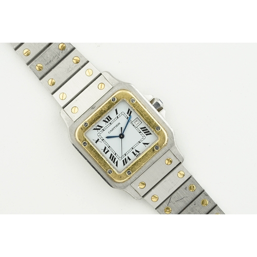 141 - CARTIER SANTOS CAREE AUTOMATIC STEEL & GOLD WRISTWATCH, square white dial with hour markers and hand... 