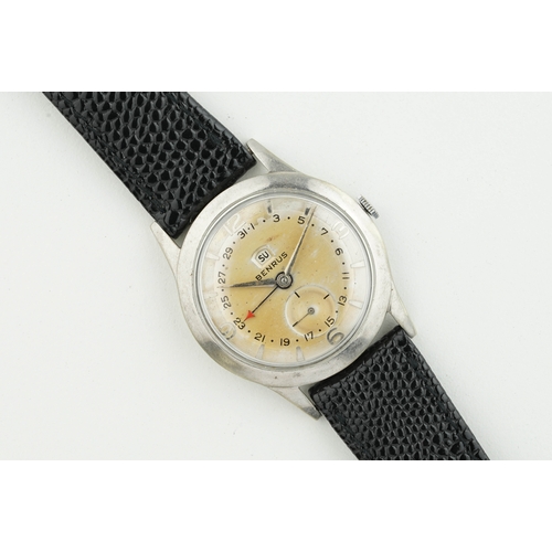 151 - BENRUS CALENDAR WRISTWATCH, circular patina dial with hour markers and hands, 34mm chrome case with ... 