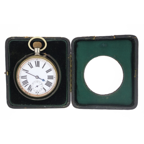 170 - Goliath pocket watch with leather case, Roman numerals, sub seconds, 56mm diameter, keyless wind, un... 