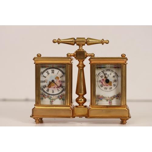 174 - A wonderfully decorated brass & porcelain double carriage clock with a barometre. Currently in full ... 