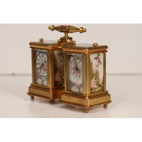 174 - A wonderfully decorated brass & porcelain double carriage clock with a barometre. Currently in full ... 