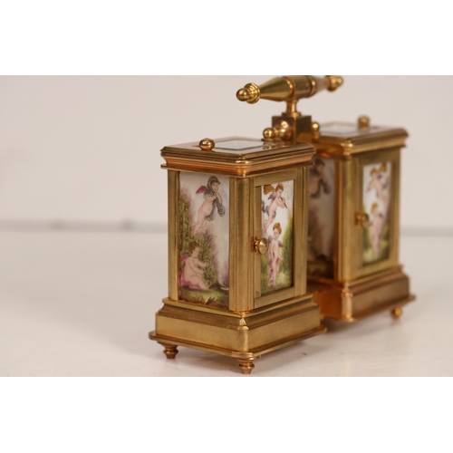 174 - A wonderfully decorated brass & porcelain double carriage clock with a barometre. Currently in full ... 