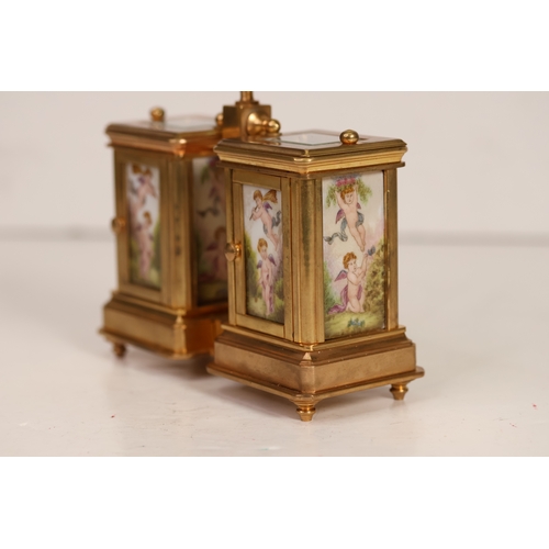 174 - A wonderfully decorated brass & porcelain double carriage clock with a barometre. Currently in full ... 