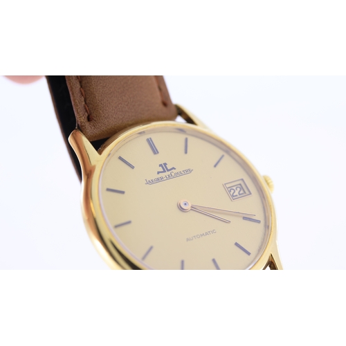 181 - 18CT JAEGER LE COULTRE AUTOMATIC, circular champagne dial with baton hour markers, date aperture at ... 