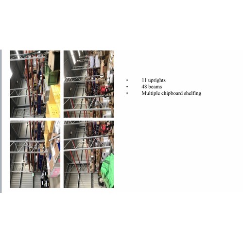 981 - 11 UPRIGHTS 48 BEAMS MULTIPLE CHIPBOARD SHELF'S NOT ON SITE 2 MILES AWAY BUYER NEEDS TO HAVE TRANSPO...