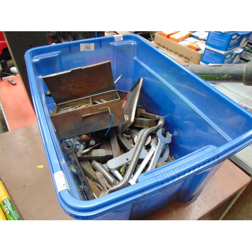 162 - blue crate mixed tools spanners etc..