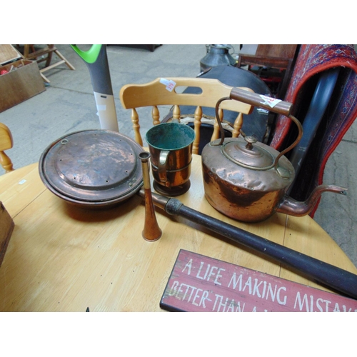 278 - Copper items warming pan , horn , kettle & large beaker