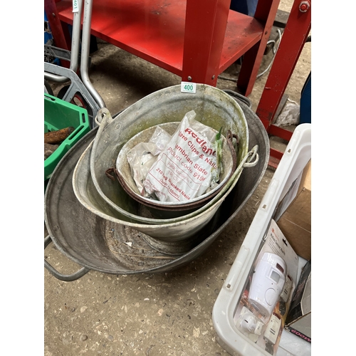 400 - 3 x galvanised, 2 buckets and tub