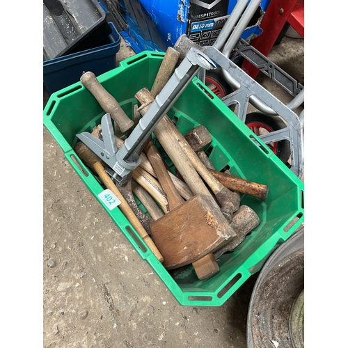 402 - Green crate mixed tools mainly lump hammers