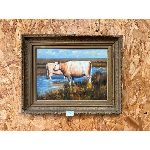 3 - Painting of cows in river in guilt frame