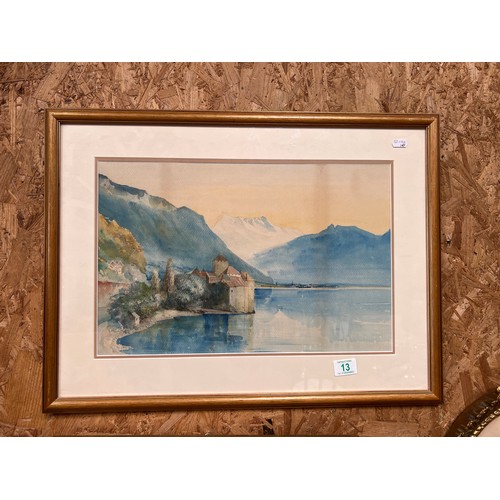 13 - framed water colour 19th century Château Chillon