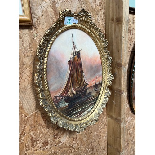 15 - Oval framed oil painting fishing boats