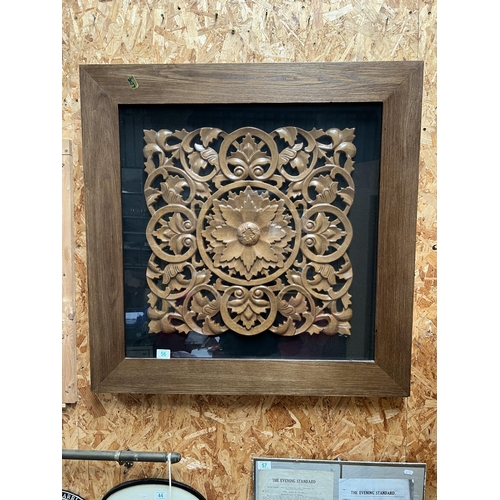 56 - large framed wall art carved wood approx 90cm x 90cm