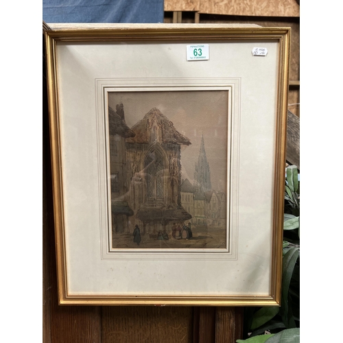 63 - framed watercolour 19th Century medieval town